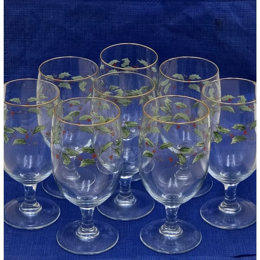 Royal Limited Holly Holiday Goblets Gold Rim Set of 8 Glasses